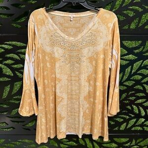 Reba Golden Embellished Paisley Long Bell Sleeve Top, L